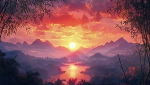 远眺竹林山脉河流落日