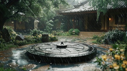 雨中庭院绿树古朴建筑