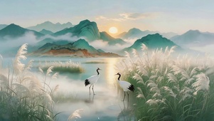 青山芦苇仙鹤