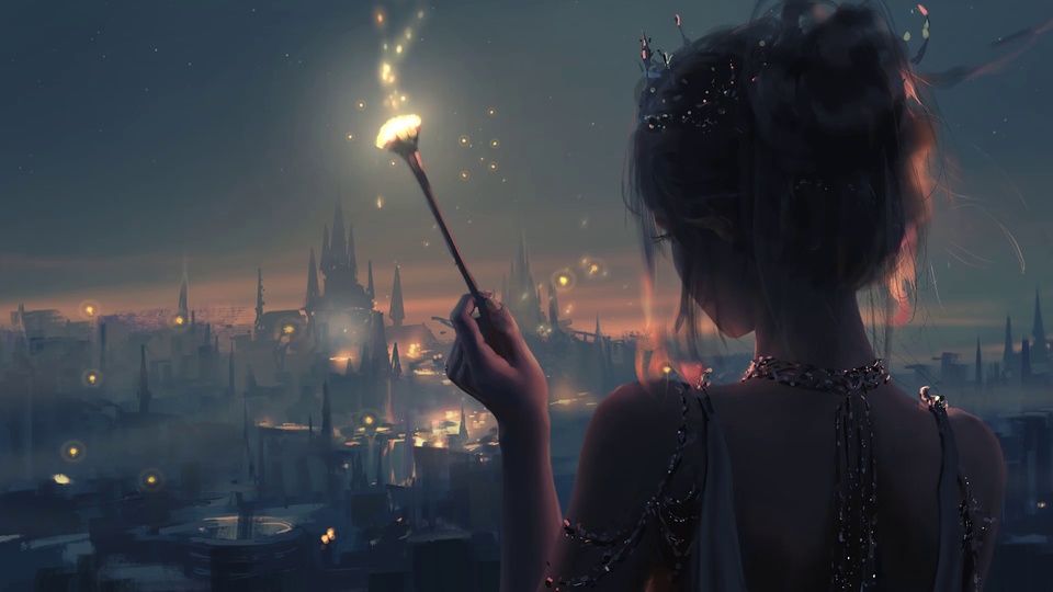 背对镜头的少女立于夜景前，手持发光长杖远望雾中尖顶城郭