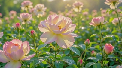 晨露粉色月季唯美花园