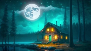 唯美月夜树林湖边小屋