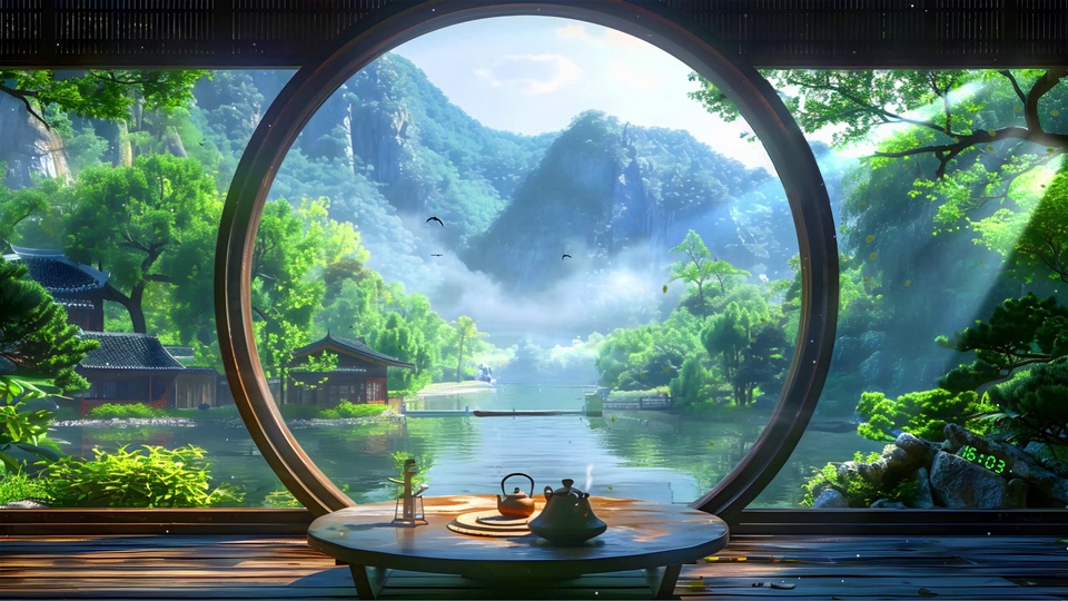 国风清新插画场景，圆形木框月洞窗前摆放圆形木质茶桌，桌上置陶制茶器，窗外是覆满翠绿林木的青蓝色山水与平静湖面，山间萦绕薄雾。