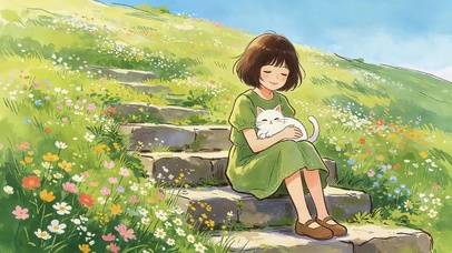 山坡女孩和猫咪