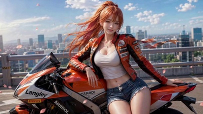 橙发机车美少女天台留影