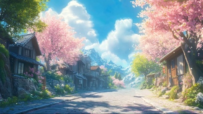 春日粉樱静谧小镇街景