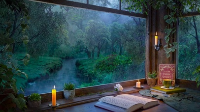 书房窗外树林雨天