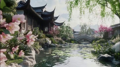 唯美春日溪流古城建筑