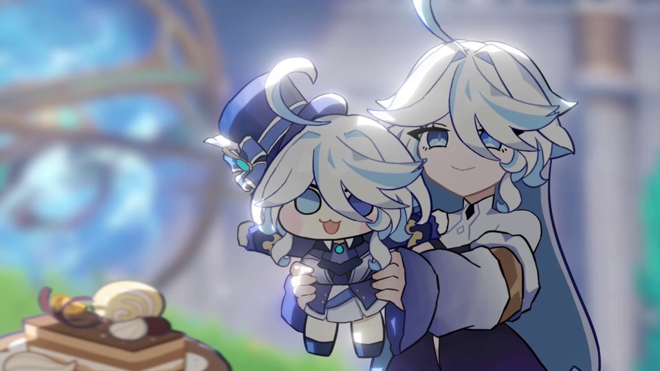 二次元少女怀抱同款Q版人偶，左下角有装饰精致的分层巧克力蛋糕