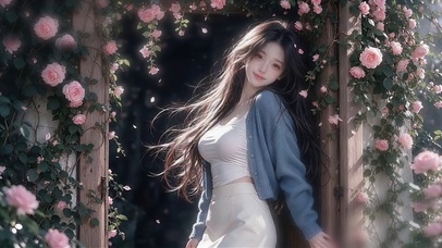 小院蔷薇花前的少女