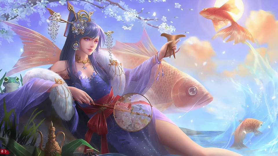 紫发古装女子手持团扇与酒爵，身旁有锦鲤与粉白桃花枝。