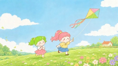 春日草地上的可爱放风筝时光