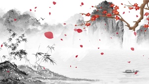 水墨画大气山水乌篷船梅花竹子