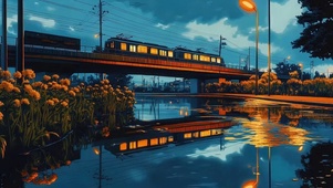 雨天雨夜城市铁轨街景