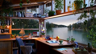 雨天湖边古风木屋 