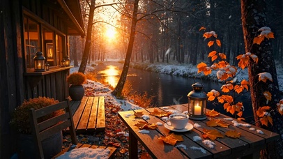 清晨林间飞雪小屋