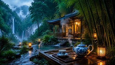 山水竹林木屋