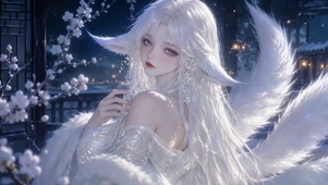 月夜银发狐耳古风美少女