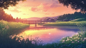 夕阳湖水