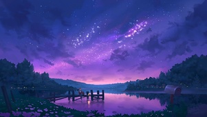 傍晚的湖岸看星空