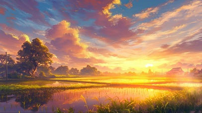 落日清新静谧水田