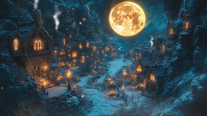 静谧圆月蓝色乡村小镇