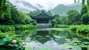 绿色护眼山水荷花亭子