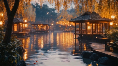 秋日湖畔古风亭子廊道