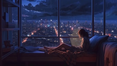 雨夜窗边的女孩