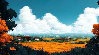 蓝天白云秋日村庄麦田