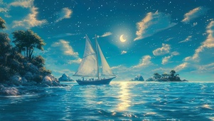 蓝色夏日夜空大海帆船
