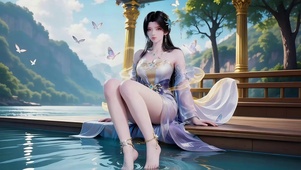 湖光山色间清澈湖面戏水古风美女