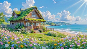 海边开满花的童话木屋