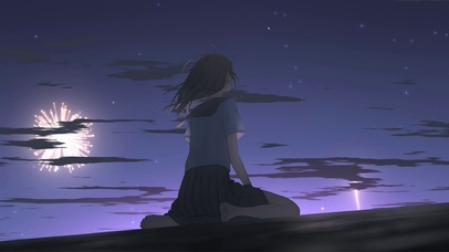 星空烟花少女背影