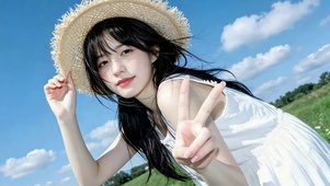 晴空草地清纯草帽美女