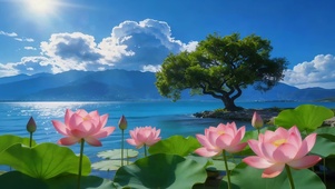 蓝天白云湖边荷花