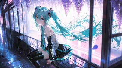 紫藤花下的蓝发动漫美少女