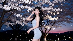 晚霞映照的樱花树下婀娜美女