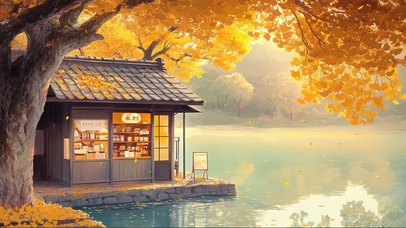 秋日银杏黄叶湖畔商店