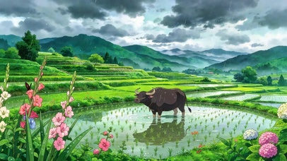 雨中梯田水牛田园风景