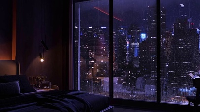 夜晚城市房间雨景