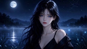 月夜河畔蓝眼黑发美少女