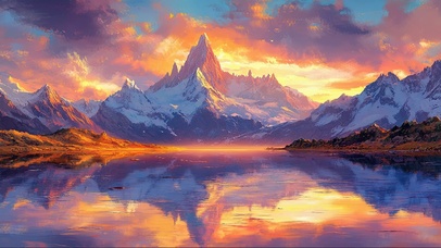 落日雪山湖泊倒影