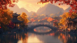 秋日古朴古桥湖畔建筑