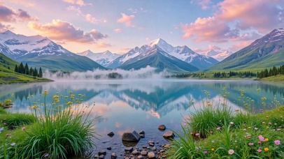 晨曦雪山湖畔唯美风景
