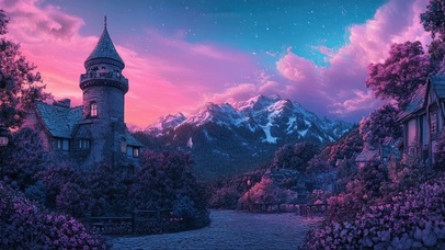 梦幻晚霞静谧古城小镇