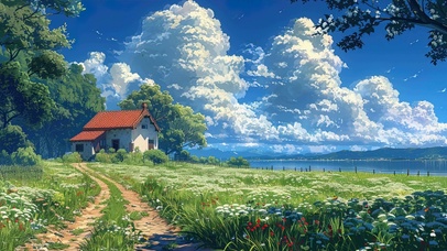 蓝天白云树木河流