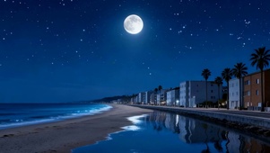 夜景海边房屋树木双屏