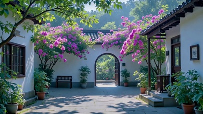 静谧古风庭院花开烂漫
