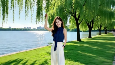 公园湖畔树荫下踏青的美女
